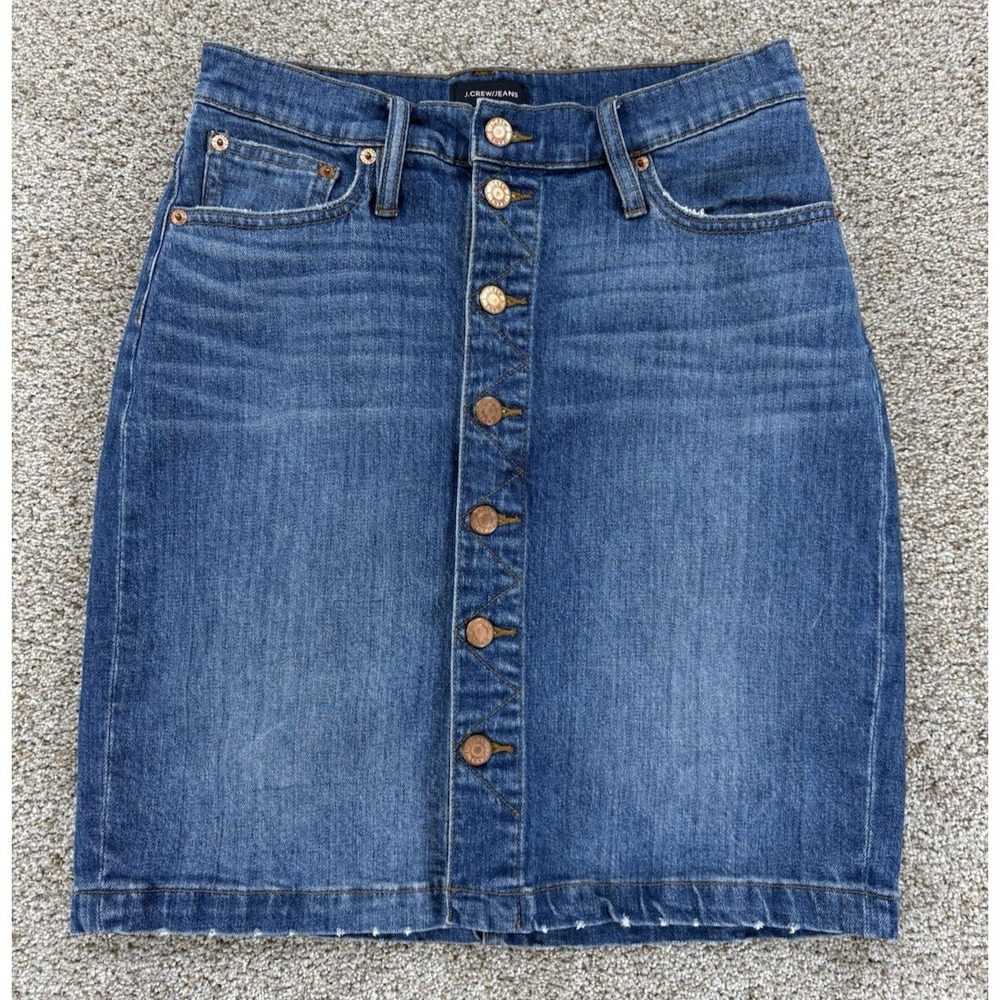 J.Crew Denim Pencil Jean Skirt Womens 26 Blue Exposed Button Front Stretch Boho